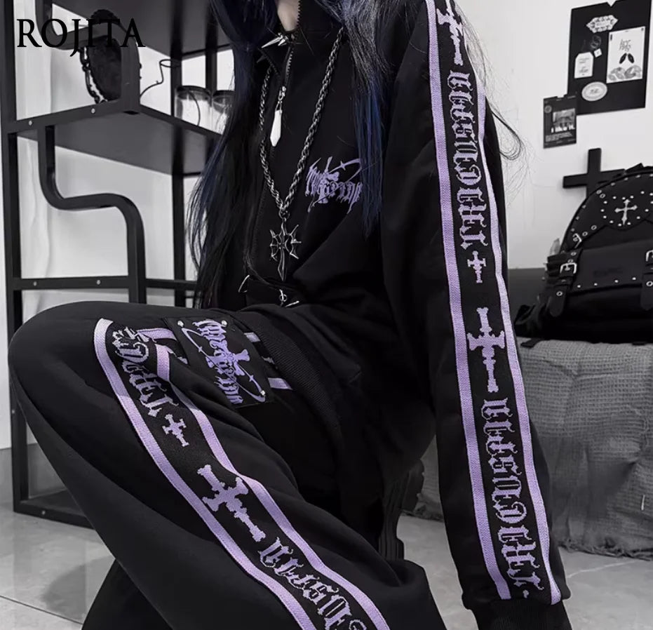 Original Printed Subculture Dark Loose Tracksuit Top and Pants Set Women's - APEX RITUAL women's hoodies & sweatshirts