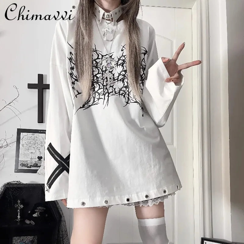 Original Print Subculture Dark Loose Long Sleeve Pure Cotton T-Shirt Japanese Punk Gothic Long Sleeve Round Neck Cool Girl Top