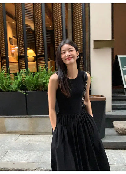 New Vintage Holiday Style Black Midi Dress Dresses for Women Clothing O Neck Office Lady Casual Pockets Women's Clothing
