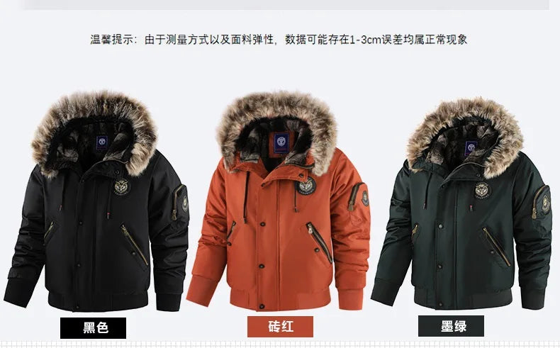 Men's Winter Warm, Hooded Jacket with Raw Edge, Lined Aviator Jacket, Embroidered Badge Design, Windproof and Waterproof Jacket