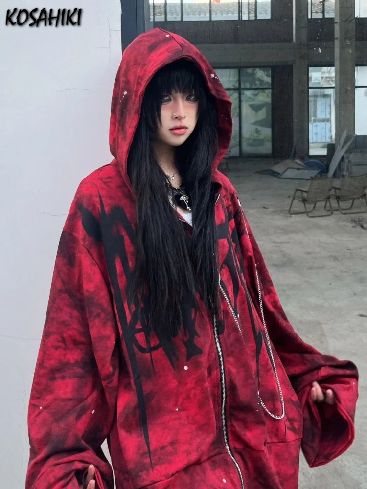 Y2k Aesthetic Printing Punk Hoodies Women Grunge Loose Pocket Oversized - APEX RITUAL women's hoodies & sweatshirts