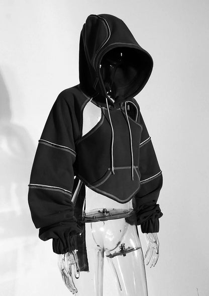 Women Hooded Sweatshirt Color Clashing Bright Line Short Top Ladies Fashion Layering Hoodie Long Sleeved Tops Hiphop Style