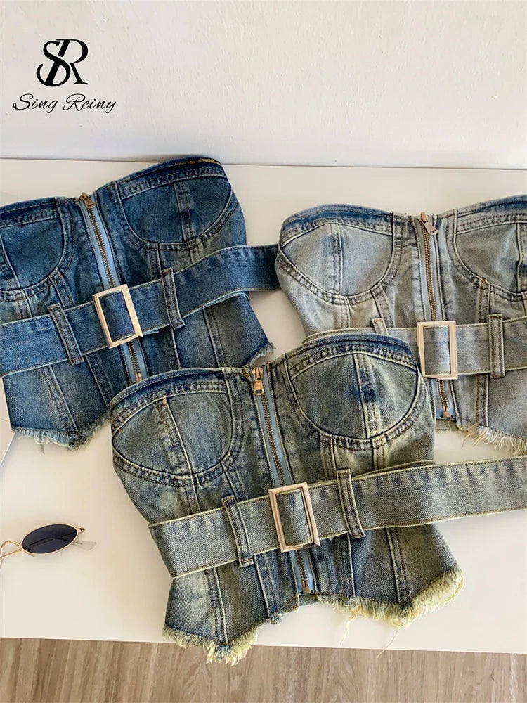 SINGREINY Vintage Denim Strapless Camis Backless Irregular Raw Hem Slim Distressed Crop Top Ladies Sashes Sexy Club Lingerie Top