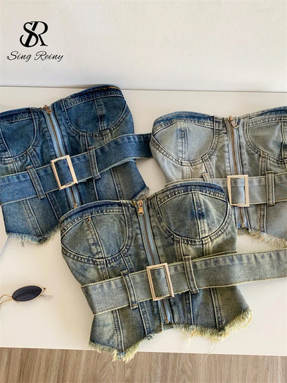 SINGREINY Vintage Denim Strapless Camis Backless Irregular Raw Hem Slim Distressed Crop Top Ladies Sashes Sexy Club Lingerie Top