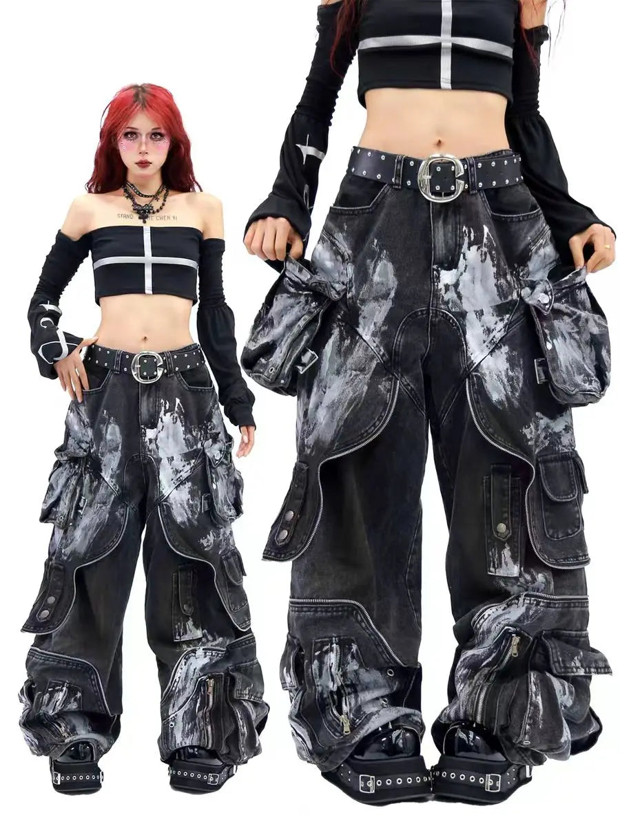 American Oversized Retro Pocket Folding Jeans For Men And Women Washed Tie Dye Heavy Industry Gothic Hip-Hop Zipper Loose Jeans