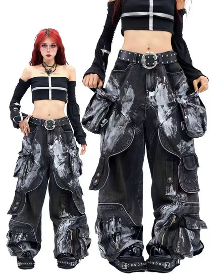 American Oversized Retro Pocket Folding Jeans For Men And Women Washed Tie Dye Heavy Industry Gothic Hip-Hop Zipper Loose Jeans
