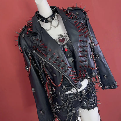 Women's Y2K Rivet Chain PU Leather Jacket