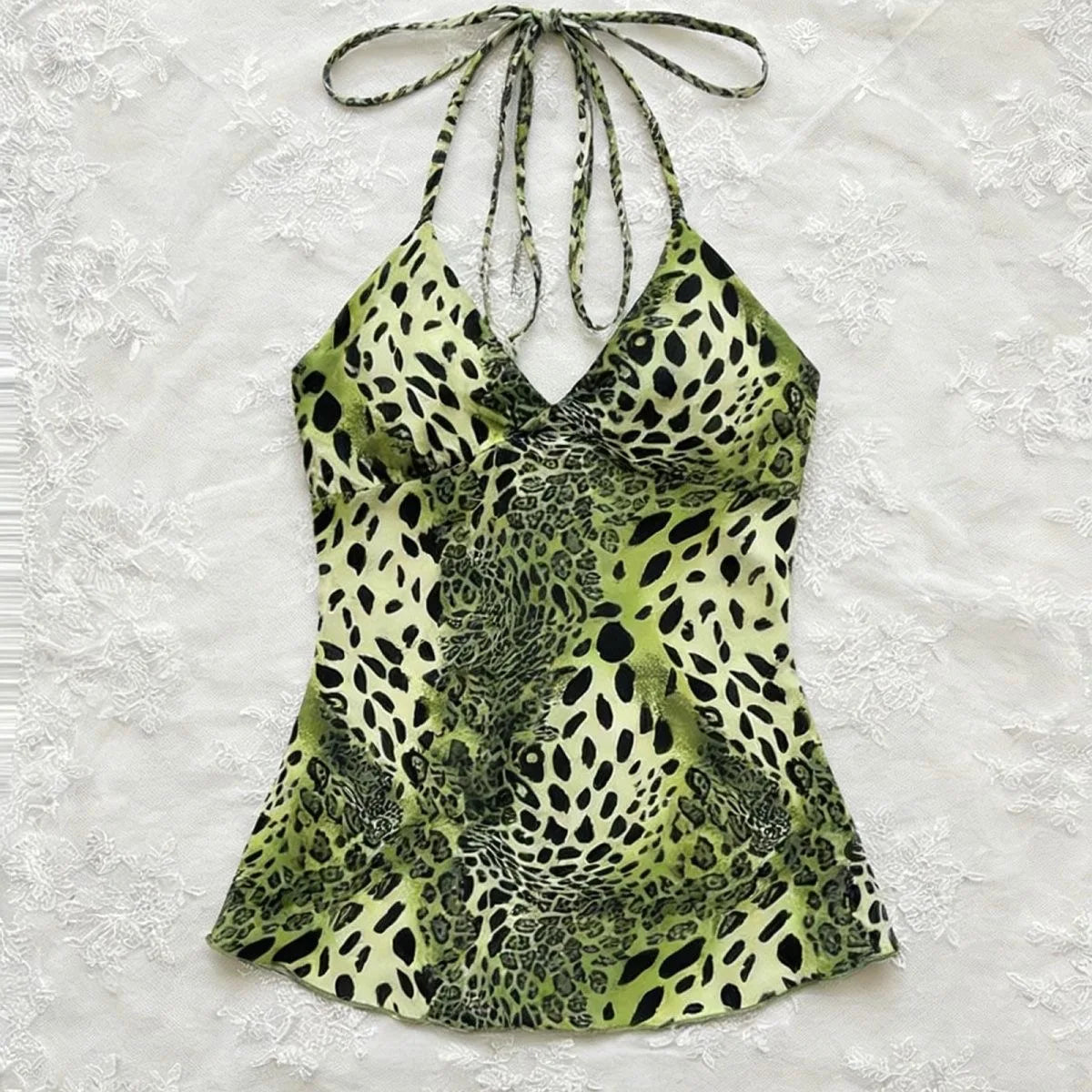 2000s American Vintage Sexy Leopard Camis Y2k Harajuku Slim Lace Patchwork Tanks Summer Streetwear Beach Party Sleeveless Tops