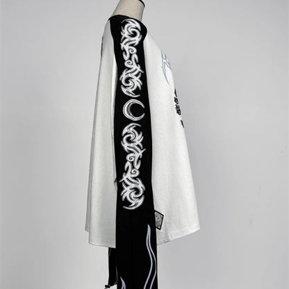 Japanese Harajuku Streetwear Co-branded Subculture Tattoo Embroidery Flame Long Sleeve Oversized Sleeve T-Shirt
