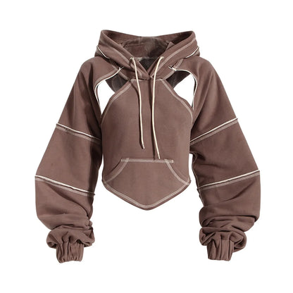 Women Hooded Sweatshirt Color Clashing Bright Line Short Top Ladies Fashion Layering Hoodie Long Sleeved Tops Hiphop Style