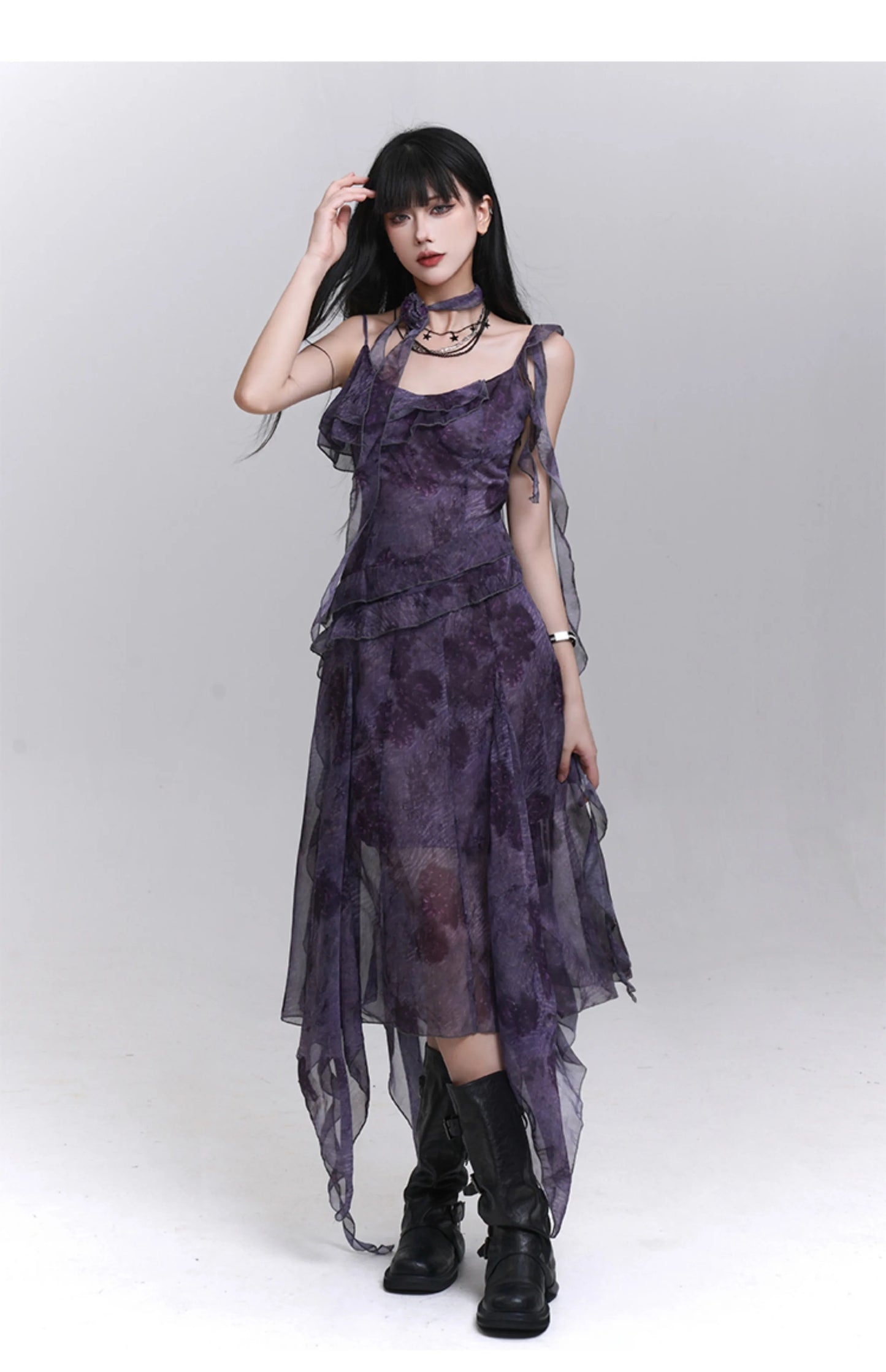 Women's Purple Tie-Dye V-Neck Midi Dress