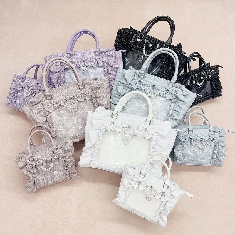 Japanese Style Mine Bags Women Ruffled Lace Lolita Girls Rhienstone Pearl Bowknot Square Tote Shoulder Portable Bolso Handbags