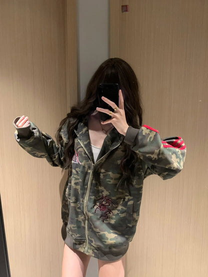 Apex Ritual – アメリカンレトロ迷彩パーカー女性 – 韓国風オーバーサイズカーディガン