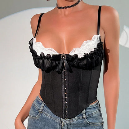 SSexy V Neck Y2K Crop Tops Lace Patchwork Pleated Bowknot Corset Top Sexy Backless Slim Camisole Body Shape Fishbone Bustier