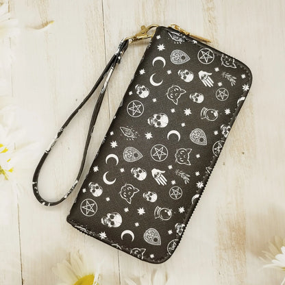 Trendy Gothic Skull Pattern Long Wallet, Portable Multi-card Slots Card Holder With Wristbands, Perfect Halloween Wrist Purse Fo