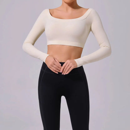 Fashion Long Sleeve Slash Neck Sports Top Women Crop Top for Fitness Yoga Wear Fashion Sports Short T-shirt Gym Workout Shirt