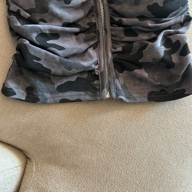 Sexy American Girl Camouflage Print Tube Top Vest Women's Summer Zipper Open Cardigan Shoulder Bared Short Style Top