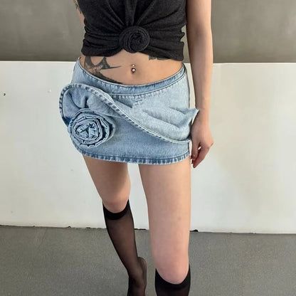 Women's Cowboy Rose Mini Skirt, Fashion Sexy Slim Ultra Short Skirt, Three-dimensional Flower Decoration Half-body Skirt, 2025,