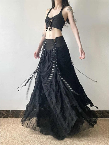 Gothic Punk Style Printed Black Long Skirt for Women Summer New Fashion Spicy Girls Strap Sexy High Waist Slimming y2k Skirts