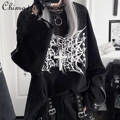 Original Print Subculture Dark Loose Long Sleeve Pure Cotton T-Shirt Japanese Punk Gothic Long Sleeve Round Neck Cool Girl Top