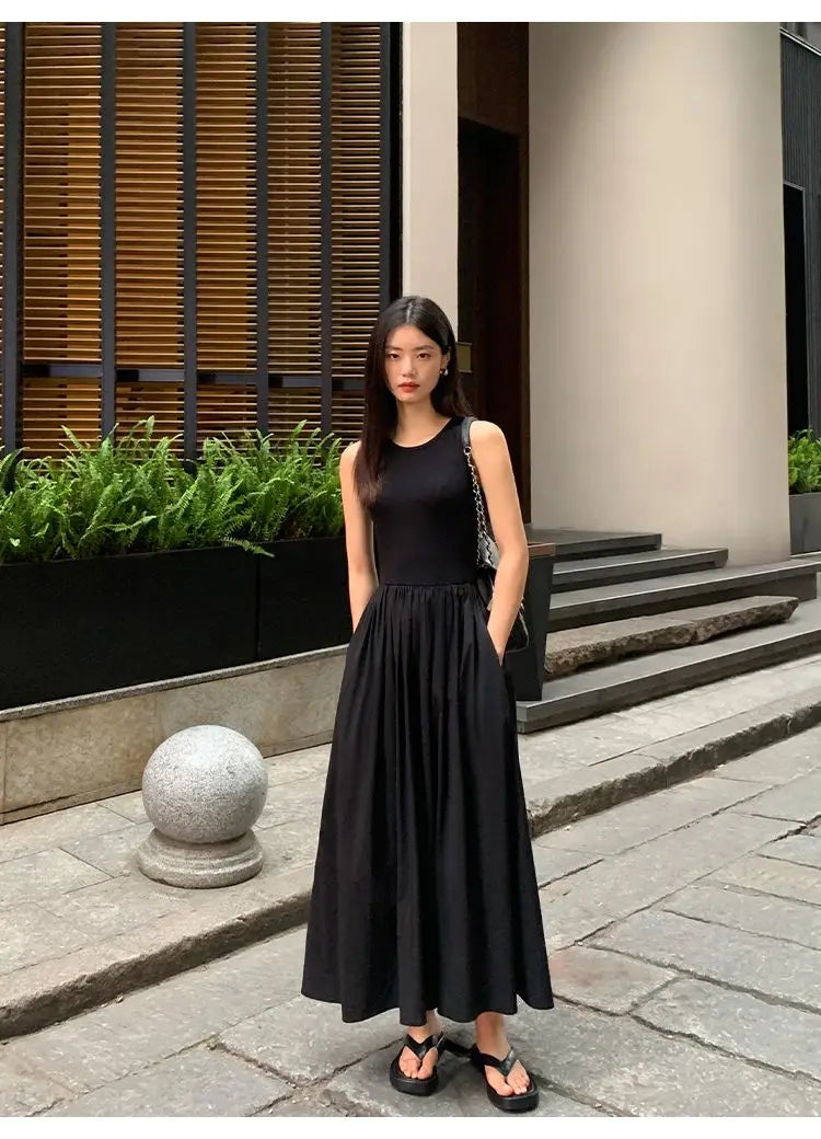 New Vintage Holiday Style Black Midi Dress Dresses for Women Clothing O Neck Office Lady Casual Pockets Women's Clothing