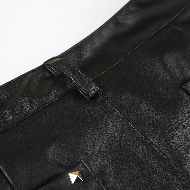 2025 Autumn Winter Women's PU Pants Low Rise Goblin Core Faux Leather Trousers Bell Bottom Gothic Japanese Y2k Stretch 2000s New