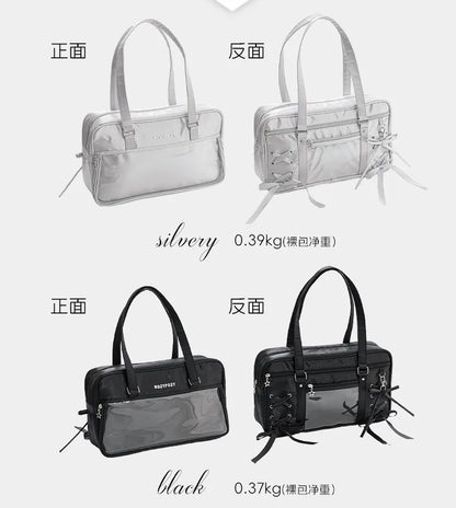 Japanese New Girls Silver Shoulder Bag Large Capacity Ribbon Itabag Student Women's Satin Messenger Bag Leather Backpacks