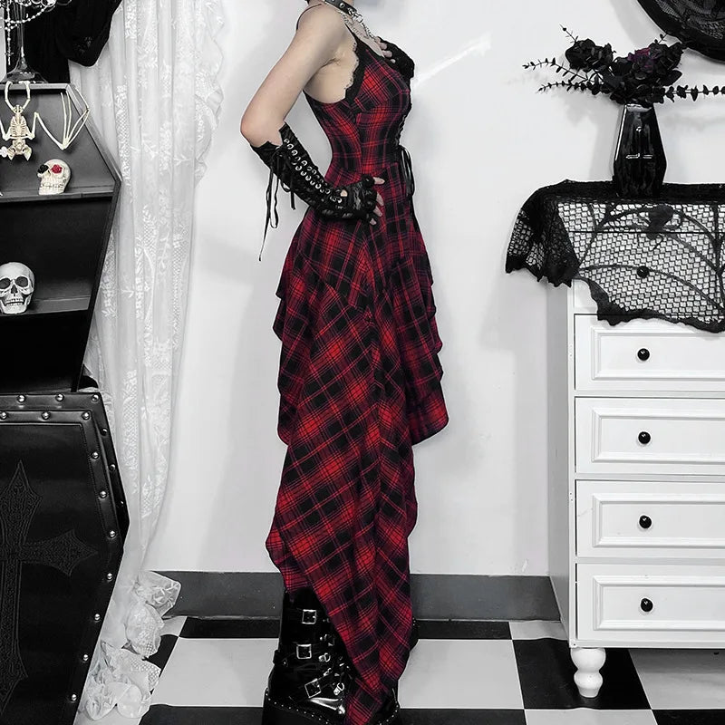 Women's Plaid Lace Spaghetti-Strap Midi Dress