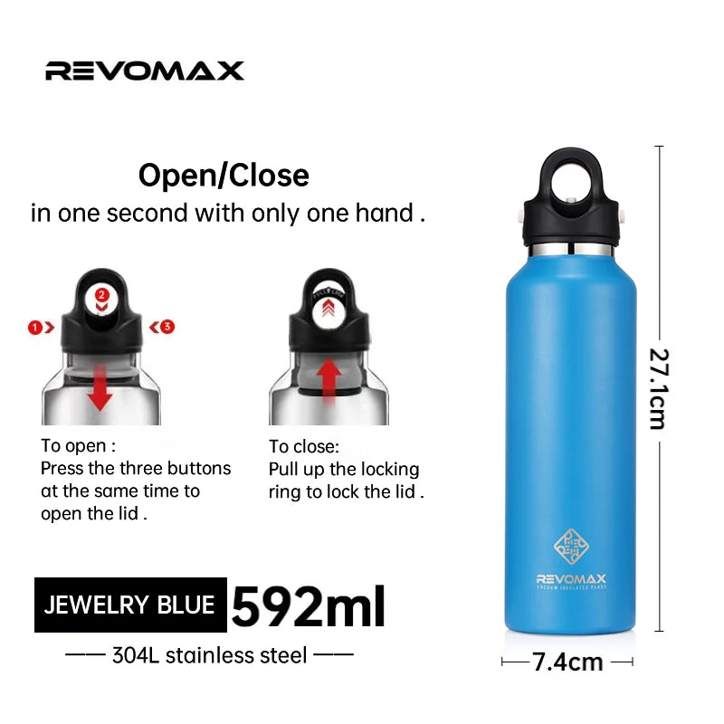 RevoMax-Double Wall Insulated Water Bottle, Outdoor Travel Sports Bottles, Stainless Steel Thermos for Tea, Thermal Cup, 600ml