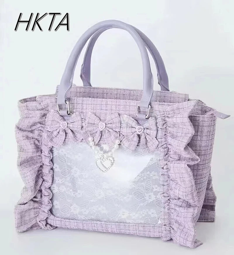 Japanese Style Mine Bags Women Ruffled Lace Lolita Girls Rhienstone Pearl Bowknot Square Tote Shoulder Portable Bolso Handbags