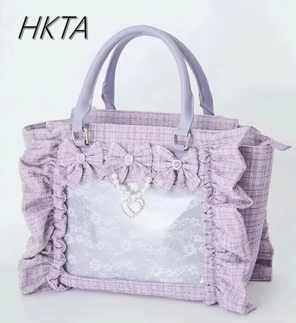 Japanese Style Mine Bags Women Ruffled Lace Lolita Girls Rhienstone Pearl Bowknot Square Tote Shoulder Portable Bolso Handbags