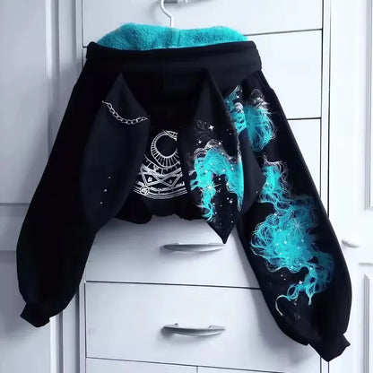 Goth Fashion Hoodie Women Y2K Oversized Graphic Print Dark Aesthetic Punk Harajuku Casual Sweatshirt Fashion Long Sleeved Jacket