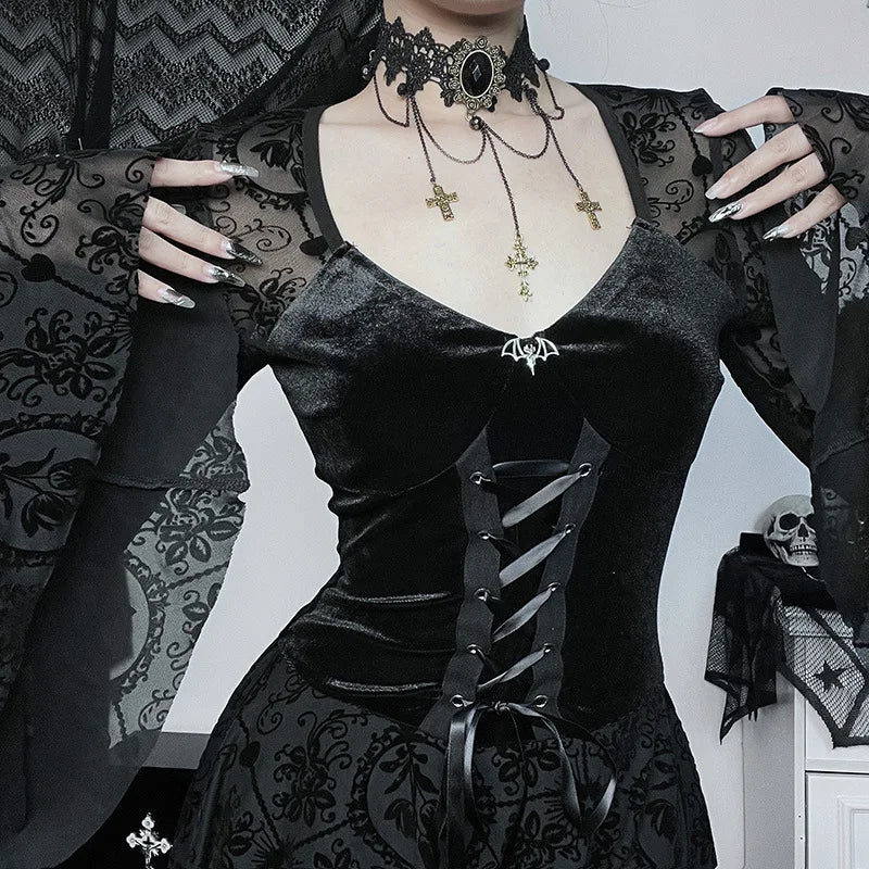 Goth Dark Elegant Vintage Mall Gothic Velvet Dresses Grunge Punk Style Flocked Bandage Dress Women Flare Sleeve Party Alt Outfit