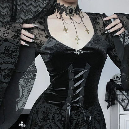 Goth Dark Elegant Vintage Mall Gothic Velvet Dresses Grunge Punk Style Flocked Bandage Dress Women Flare Sleeve Party Alt Outfit