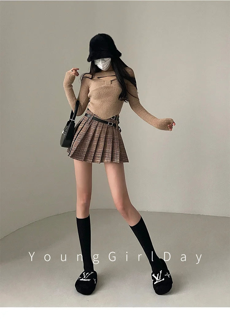 WOMENGAGA Preppy Style High Waist Slim Double Belt Slip Plaid Pleated Skirt Fashion Sexy Korean Women JK Skirts Sweet X8WN
