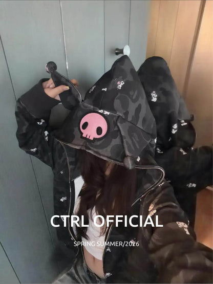 In  Stock  Anime Hello Kittys Hooded Jacket Girl Commuting Coat Jacket Kuromi Anime 3d Ears Hooded Cute Leopard Print Clothes
