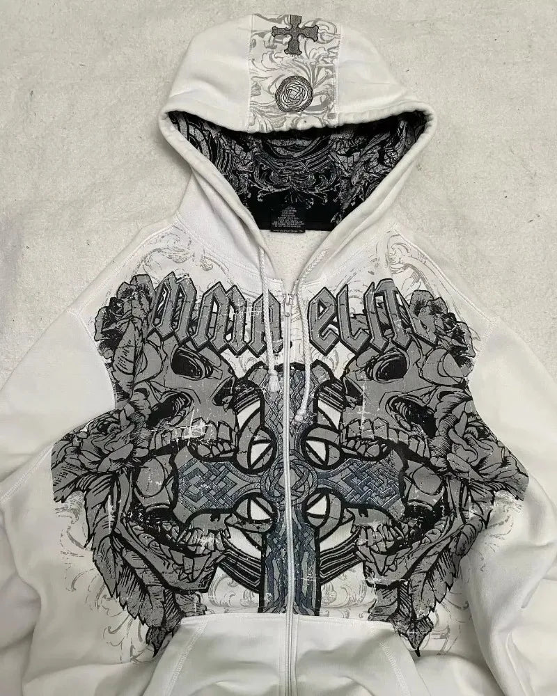 2025 American Vintage Oversized Skull Graphic Zipper Hoodie Men Y2K Harajuku Hip Hop Gothic Couple Casual Joker Sweatshirt Coats