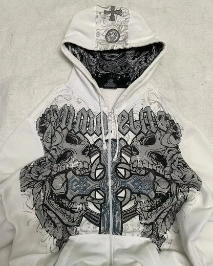 2025 American Vintage Oversized Skull Graphic Zipper Hoodie Men Y2K Harajuku Hip Hop Gothic Couple Casual Joker Sweatshirt Coats
