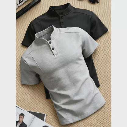 White Henry Collar  Shirt Men's Summer Splice Design Short Sleeve Cleanfit Heavyweight Half Sleeve Business Casual T-Shirt