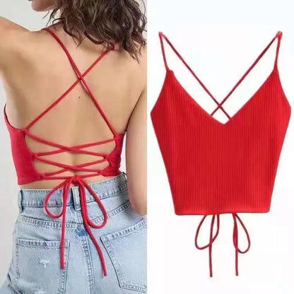 Women's Ribbed Lace-Up Halter Crop Top