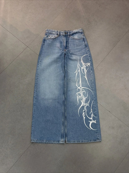 Y2K Hip-hop Jeans Vintage Straight Leg Denim Pants Streetwear Graffiti Print Casual Wide Leg Trousers Baggy Daily Wear Jeans