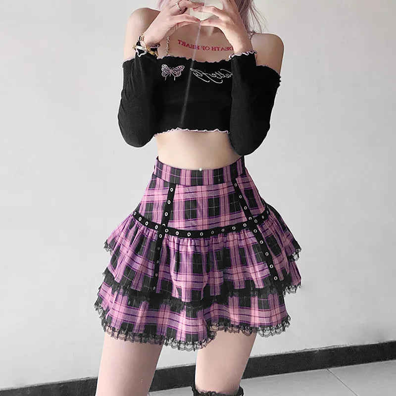 Women's Pink Plaid Gothic Mini Skirt