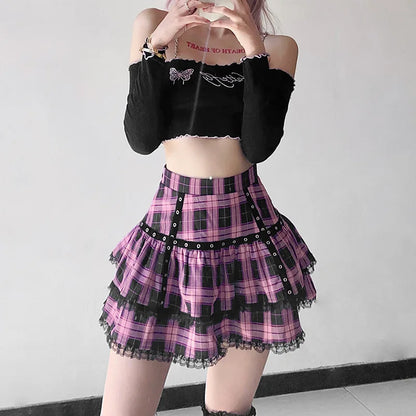 Women's Pink Plaid Gothic Mini Skirt