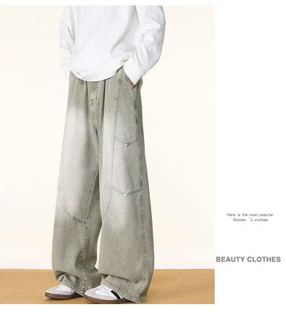 Men's Spring And Autumn Fashion Washed Large Versatile Casual Pants Retro Splicing Nail Beaded Jeans Loose Straight Leg Pants