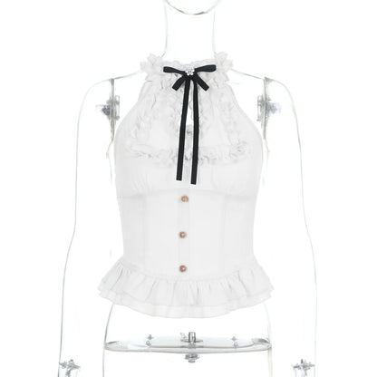 Women Blouses Trim Off Shoulder Halter Tops Mall Gothic Ruched Bow Tanks Top Fairycore Teachwear Summer Vests