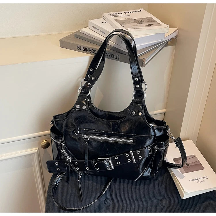 Fashionable Large Capacity Rivet Street Style Women's Tote Bag Shoulder Crossbody Bag Durable Polyester  Commuter Bag