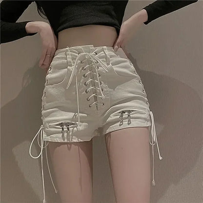 2024 New Bandage Sexy Denim Shorts Women Streetwear Gothic Jeans Mini High Waist Lace Up Casual Zip Black Goth Club Fashion
