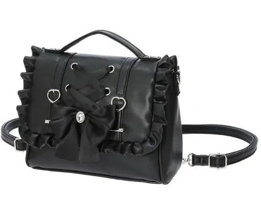 Japanese Style Liz Bag Mine Lolita Love Rhinestone Bow Crossbody Handbag Women Girls Sweet Heart Shaped Pink Pu Shoulder Bag