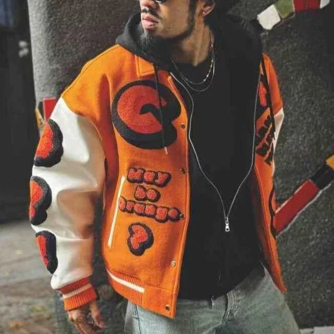 Embroidery bomber Jacket Men Splicing PU Leather Sleeves Spring Autumn Streewear varsity Jacket Baseball Coats Men Clothing