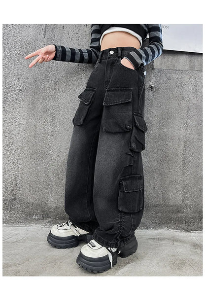 Cargo Jeans for Girls 2026 Spring Loose Casual Elastic Waist Teenage Children Wide Leg Pants Design Streetwear Kids Trousers